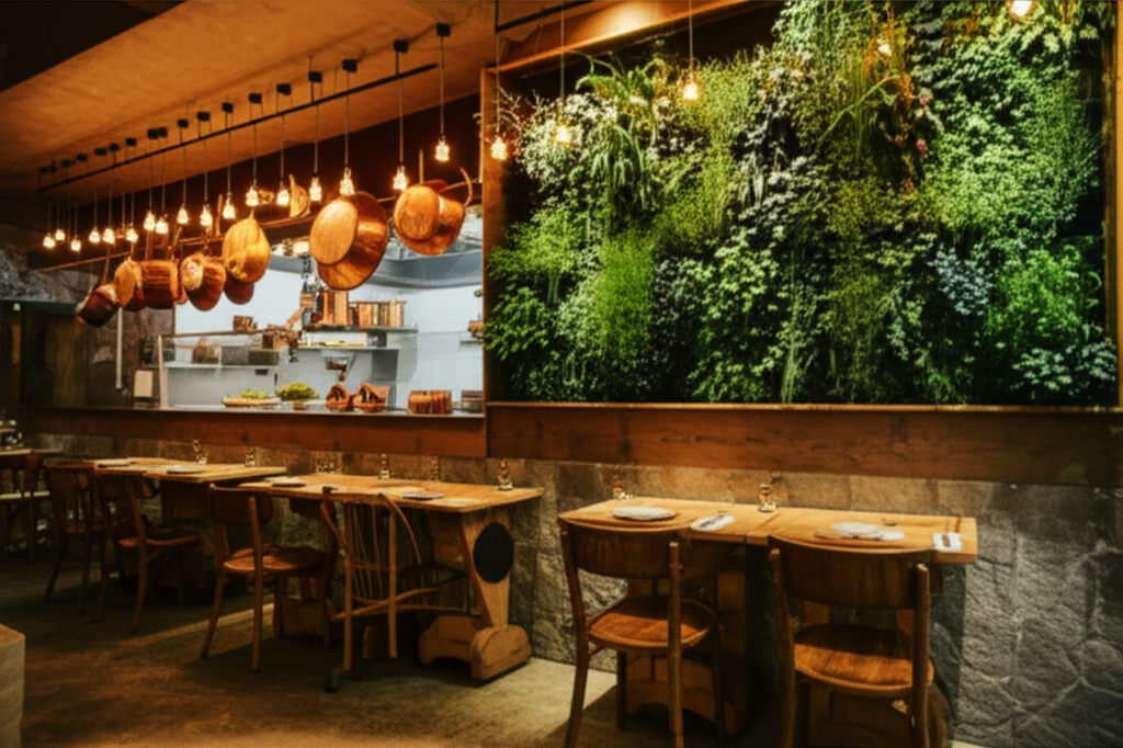 VERDE restaurant interior with open kitchen and herb wall