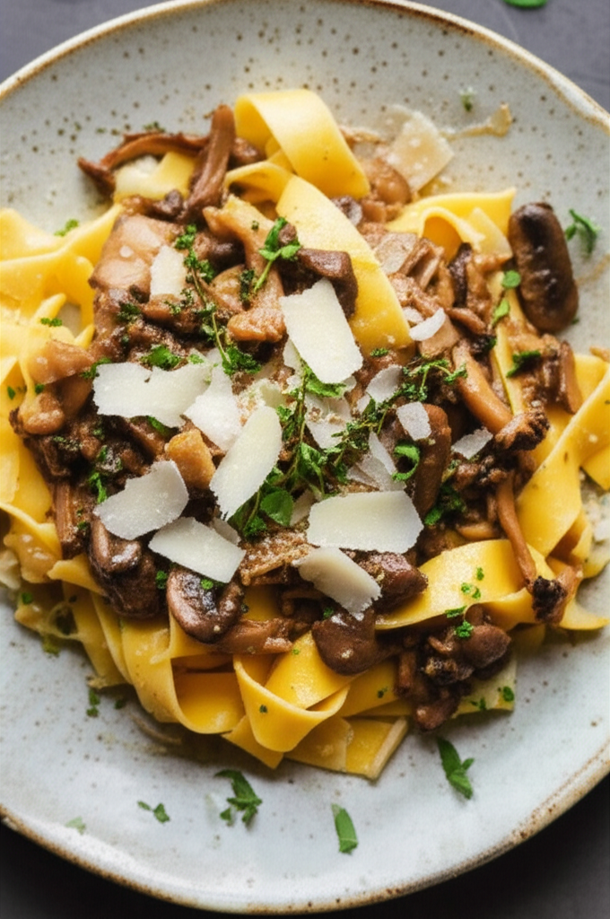 Handmade pappardelle pasta with wild mushroom ragu